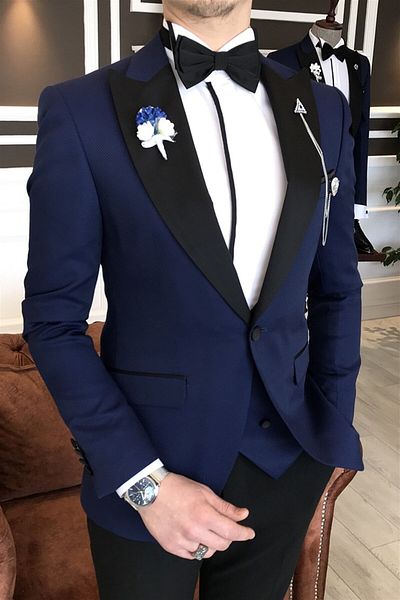 TerziAdemAltun Italian Cut Jacket Vest Trousers Navy Blue Dobby Groom Suit Set T3460
