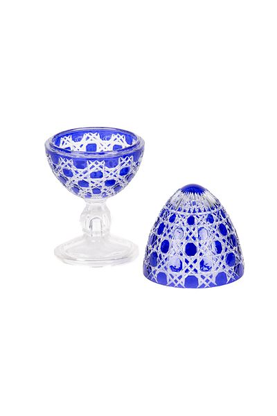 Saray Ottoman handicraft Glass Egg Sugar Bowl Dragee Hand Cut Blue Color