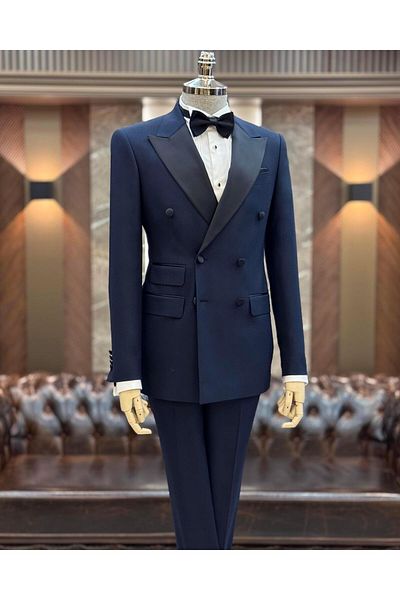 TerziAdemAltun Navy Blue Slim Fit Italian Cut Double Breasted Jacket and Trousers Set - T11840