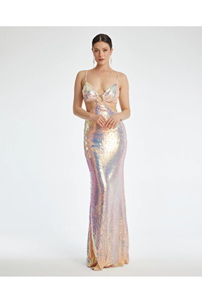 SERPİL İnce Askılı Zincir Detaylı Pencereli Payetli Balık Form Pembe Elbise 37185