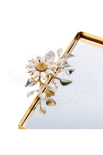 Saray Ottoman handicraft Gold Tray - Engagement Tray Mirrored White Daisy Medium Laser Tea Tray