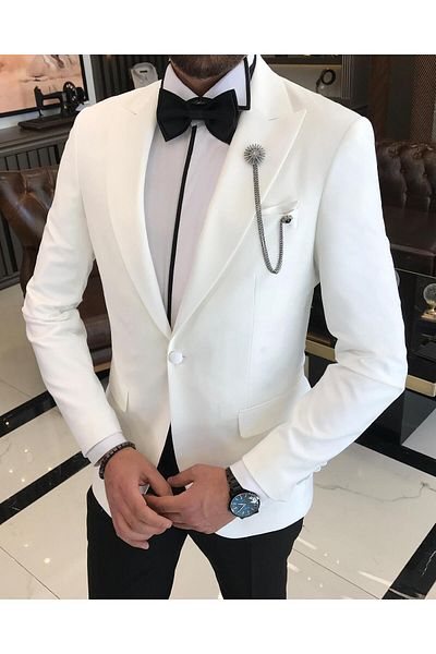 TerziAdemAltun Italian Cut Slim Fit Pointed Collar Jacket Trousers Groom Suit Set White T9194