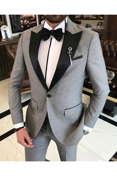 TerziAdemAltun Italian Cut Slim Fit Pointed Collar Jacket Trousers Groom Suit Set Gray T9188