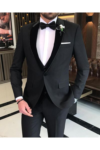 TerziAdemAltun Italian Cut Jacket Vest Pants Groom Suit Set Black T7529