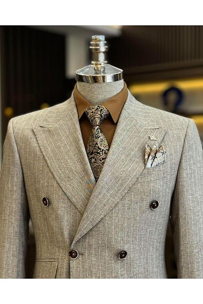 TerziAdemAltun Beige Slim Fit Striped Double Breasted Jacket and Trousers Set - T12581