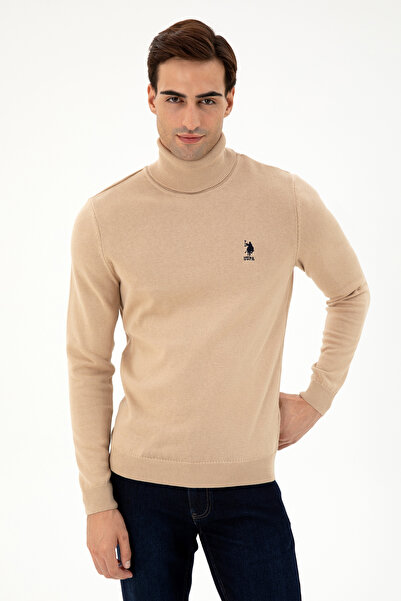 U.S. Polo Assn. Erkek Slim Fit Boğazlı Yaka Kum Melanj Basic Kazak 50293523-VR123
