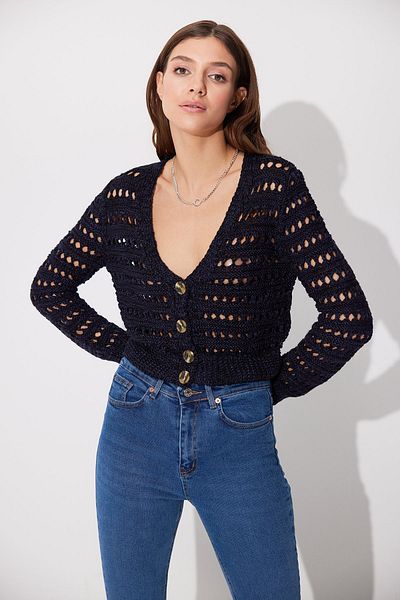 SHERIN Navy Blue V-Neck Openwork Cardigan
