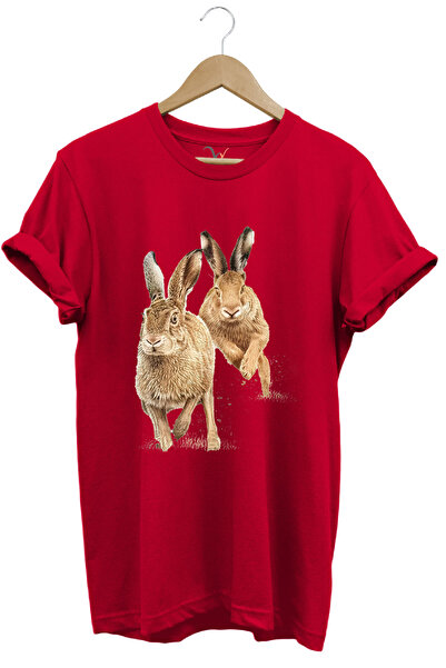 WİDİ تي شيرت أحمر اللون مطبوع عليه صيد الأرانب من القطن بنسبة 100% من Hunting...