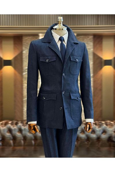TerziAdemAltun Navy Blue Slim Fit Safari Jacket and Trousers Set - T11961