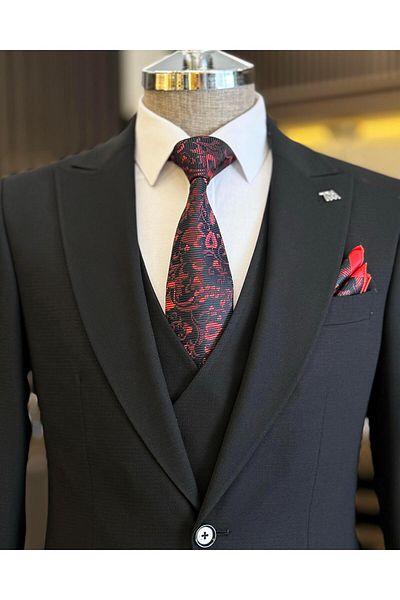 TerziAdemAltun Black Slim Fit Italian Style Men's Suit - Dobby Jacket, Vest, Pants T11566