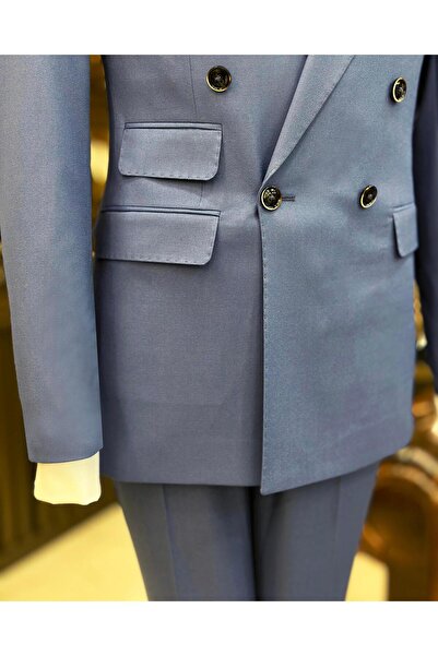 TerziAdemAltun İtalyan stil düğme detaylı ceket pantolon erkek takım elbise mavi T11229