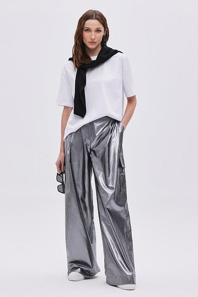 SHERIN Wide Leg Metallic Gray Pleated Trousers