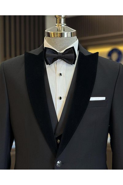 TerziAdemAltun Black Slim Fit Italian Cut Jacket and Vest Pants Set - Groom Suit T12309