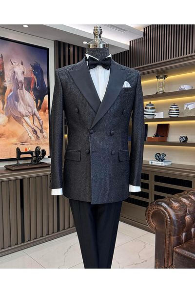 TerziAdemAltun Black Slim Fit Italian Style Groom Suit Set - Glittered Double Breasted Jacket and Pants T11568