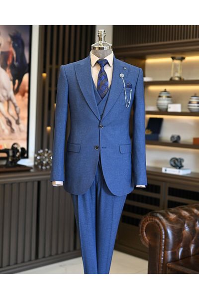 TerziAdemAltun Blue Italian Style Jacket and Vest Pleated Pants Set - T11321