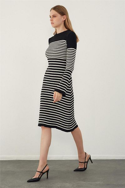 SHERIN Black Striped Midi Knitwear Dress