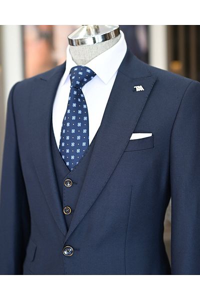 TerziAdemAltun Navy Blue Slim Fit Italian Style Jacket Vest Trousers Set - T11477
