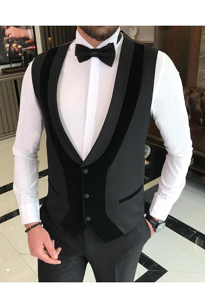 TerziAdemAltun Italian Cut Jacket Vest Pants Groom Suit Set Black T7529