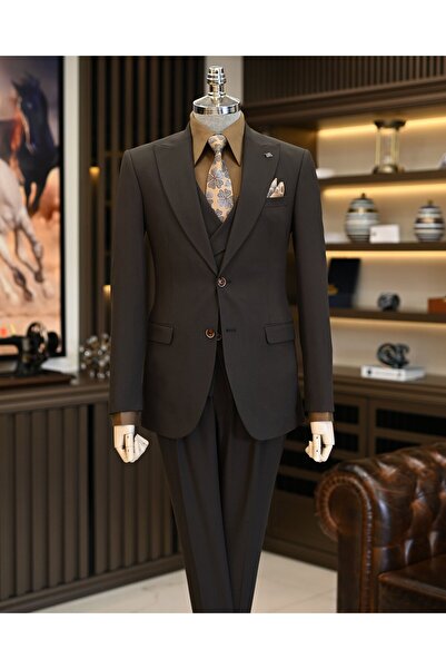 TerziAdemAltun Σετ καφέ ιταλικού στυλ με παλτό και γιλέκο με πλισέ παντελόνι ...