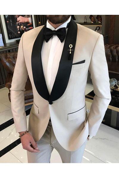 TerziAdemAltun Italian Cut Slim Fit Shawl Collar Jacket Pants Groom Suit Set Beige T9178