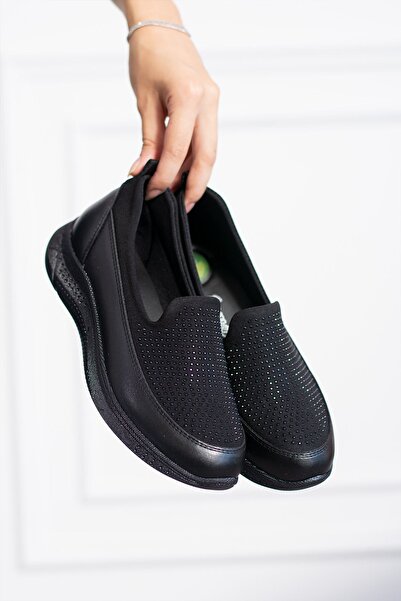 Shakrak Női fekete politalpú lapos kőből készült kényelmes ortopéd sportcipő