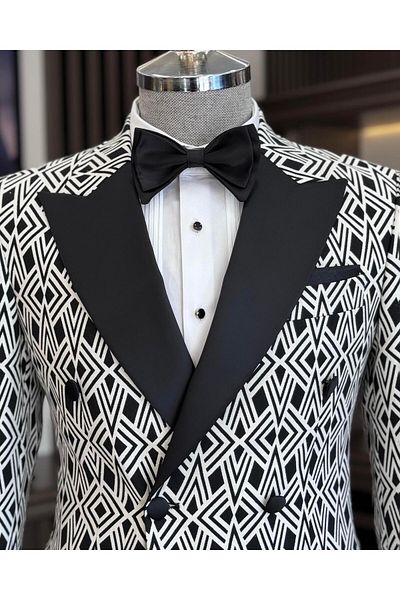 TerziAdemAltun Black Slim Fit Italian Style Double Breasted Jacket and Pants Set - Groom Suit T11571