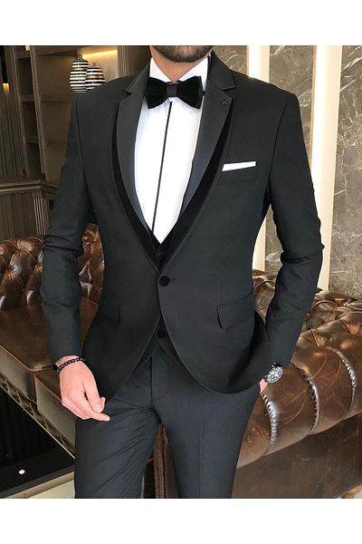 TerziAdemAltun Black Italian Cut Groom Suit Jacket and Vest Set - T7844