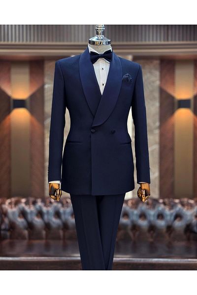 TerziAdemAltun Navy Blue Slim Fit Shawl Collar Double Breasted Jacket and Pants Set - T11951