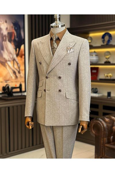 TerziAdemAltun Beige Slim Fit Striped Double Breasted Jacket and Trousers Set - T12581