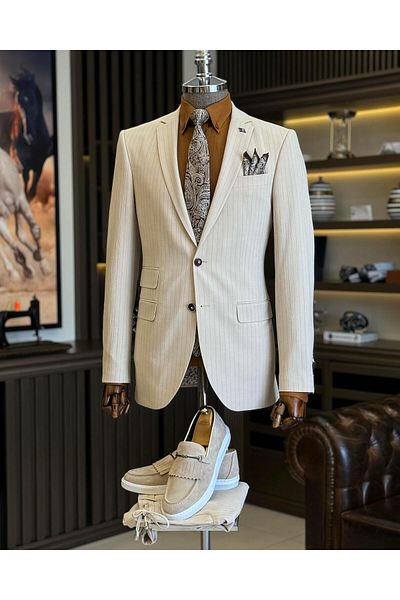 TerziAdemAltun Beige Italian Style Slim Fit Striped Jacket and Tie-Up Waist Trousers Set - T11811