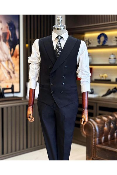 TerziAdemAltun Men's Black Vest and Trousers Set - Italian Style T12200