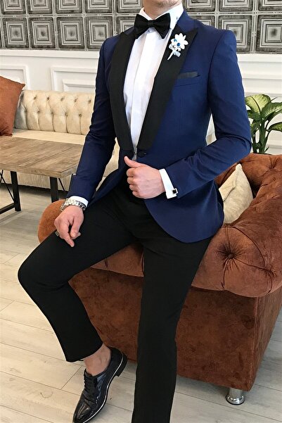 TerziAdemAltun Italian Cut Jacket Pants Shirt Navy Blue Groom Suit T3565