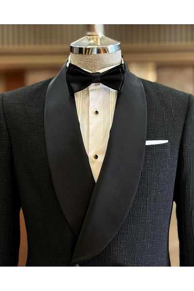 TerziAdemAltun Black Slim Fit Shawl Collar Double Breasted Jacket and Trousers Set - Groom Suit T12029