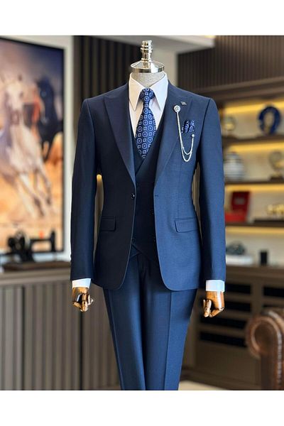 TerziAdemAltun Navy Blue Italian Style Jacket Vest Trousers Set - T12866