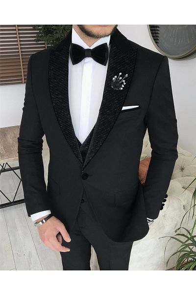 TerziAdemAltun Italian Cut Jacket Vest Pants Groom Suit Set Black T8194