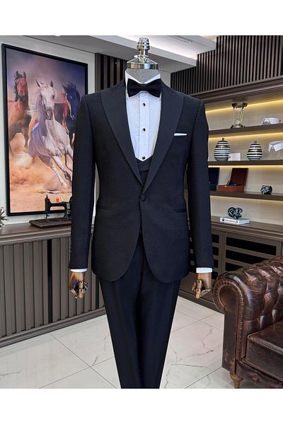 TerziAdemAltun Black Slim Fit Italian Style Jacket and Vest Pants Set - T11635