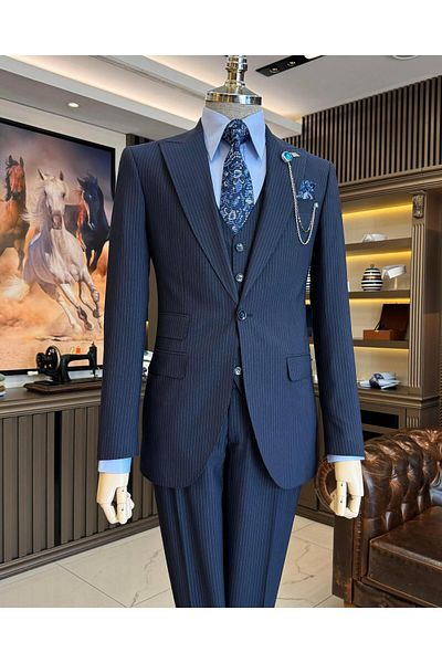 TerziAdemAltun Navy Blue Slim Fit Striped Suit - Jacket, Vest and Trousers T11817