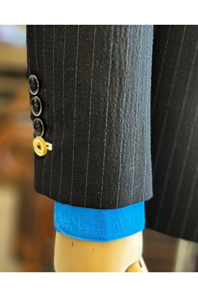 TerziAdemAltun Black Italian Style Slim Fit Striped Jacket and Lace-up Trousers Set - T11814