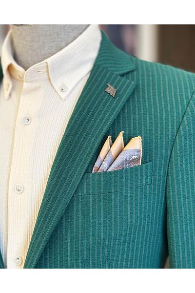 TerziAdemAltun Σετ παντελόνι με ριγέ παλτό Green Slim Fit με δεμένη μέση - T11792