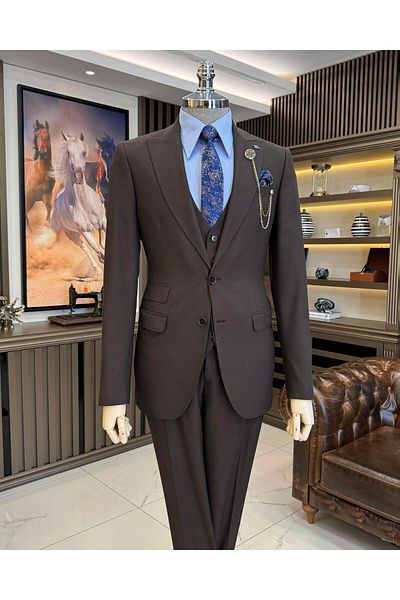 TerziAdemAltun Кафяв Slim Fit италиански костюм - сако, жилетка, панталон T11398