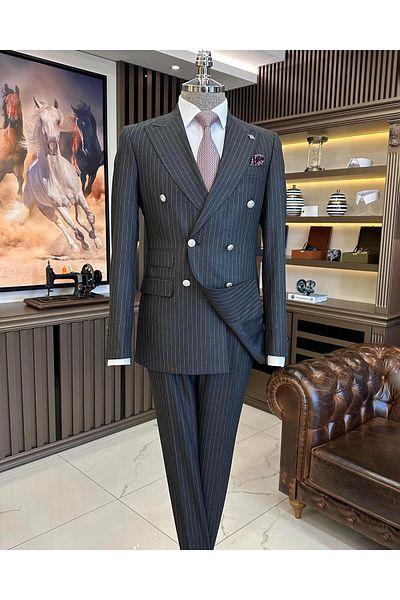TerziAdemAltun Italian style striped double-breasted jacket pants suit anthracite T11212