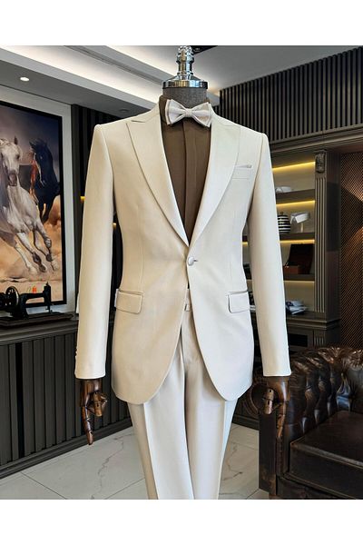 TerziAdemAltun Beige Slim Fit Italian Cut Pointed Collar Jacket and Trousers Set - T11838