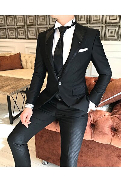 TerziAdemAltun Παντελόνι γιλέκο σακάκι ιταλικού στυλ μαύρο σετ γαμπρού T3746