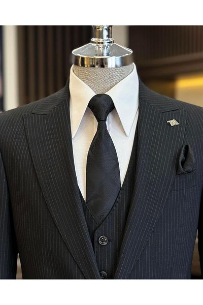 TerziAdemAltun Σετ Μαύρο Slim Fit ριγέ μπουφάν και γιλέκο - T11815