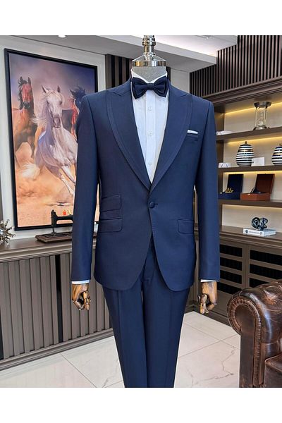 TerziAdemAltun Navy Blue Slim Fit Italian Style Jacket Vest Pants Set - T11608