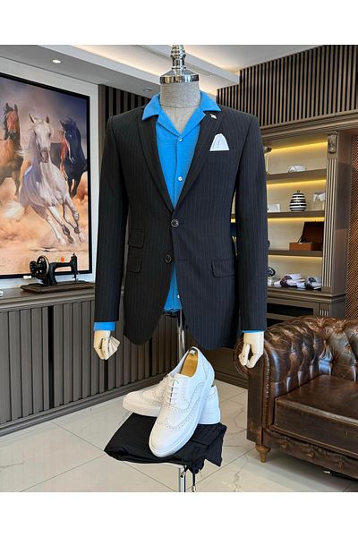 TerziAdemAltun Set jachetă și pantaloni cu șireturi în dungi în stil italian negru - T11814