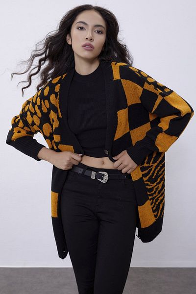 SHERIN Orange Patterned Oversize Knitwear Cardigan