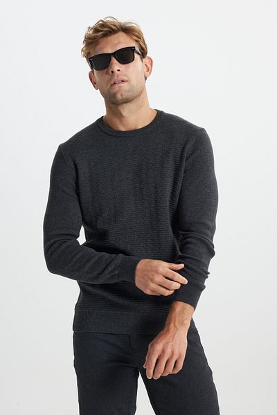 ALTINYILDIZ CLASSICS Men's Anthracite-Melange Cotton Standard Fit Regular Cut Crew Neck Patterned Knitwear Sweater