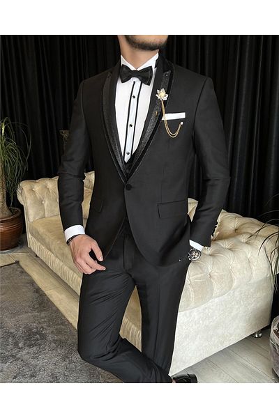 TerziAdemAltun Italian Cut Jacket Vest Pants Groom Suit Set Black T7472