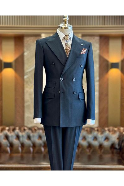 TerziAdemAltun Navy Blue Slim Fit Striped Double Breasted Jacket and Trousers Set - T11689
